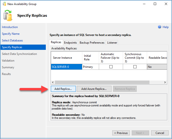 Captura de pantalla del botón para agregar una réplica en el Asistente para nuevo grupo de disponibilidad en SSMS.