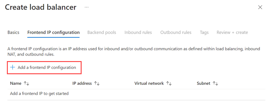 Captura de pantalla de Azure Portal en la que se muestra el botón para agregar una configuración de IP de front-end.