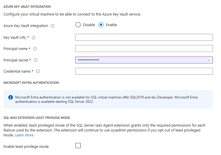 Captura de pantalla de una instancia de SQL Server existente en la configuración de integración de Key Vault de una máquina virtual de Azure en Azure Portal.