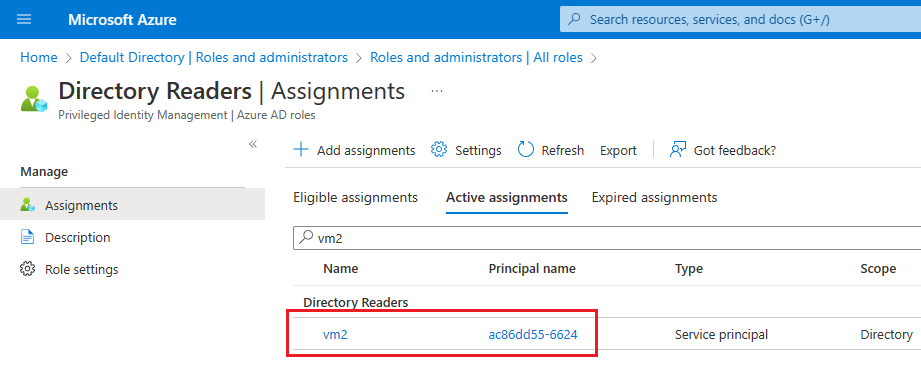 Captura de pantalla de la página Lectores de directorios de Azure Portal, que muestra la asignación de máquina virtual agregada al rol.