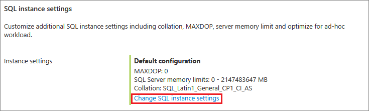 Captura de pantalla que muestra dónde puede configurar los valores de SQL Server para su instancia de máquina virtual con SQL.