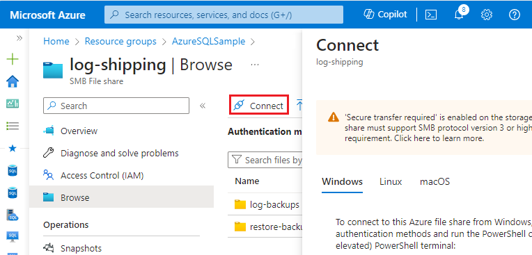 Captura de pantalla de la opción Conectar para el recurso compartido de archivos en Azure Portal.