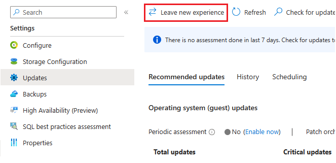 Captura de pantalla de la página de actualizaciones del recurso de máquinas virtuales SQL en Azure Portal con la opción Dejar nueva experiencia resaltada.