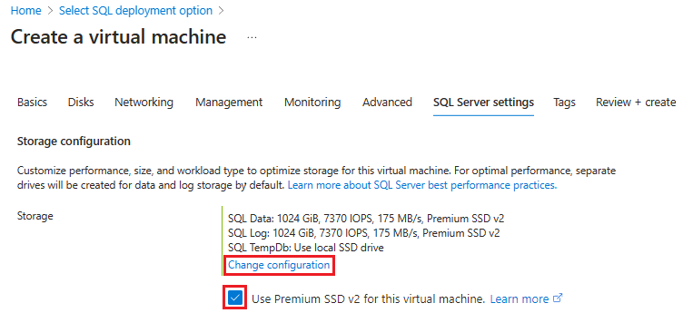 Captura de pantalla de la sección de configuración de almacenamiento de la página Crear VM en el Azure Portal.