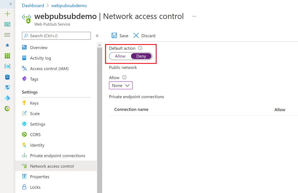 Recorte de pantalla que muestra el panel de Control de acceso a la red en Azure Portal.