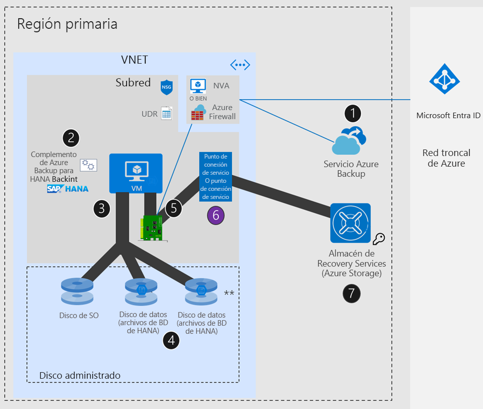 Diagrama que muestra la configuración de SAP HANA si la red de Azure tiene UDR y NVA o Azure Firewall y punto de conexión privado o punto de conexión de servicio.