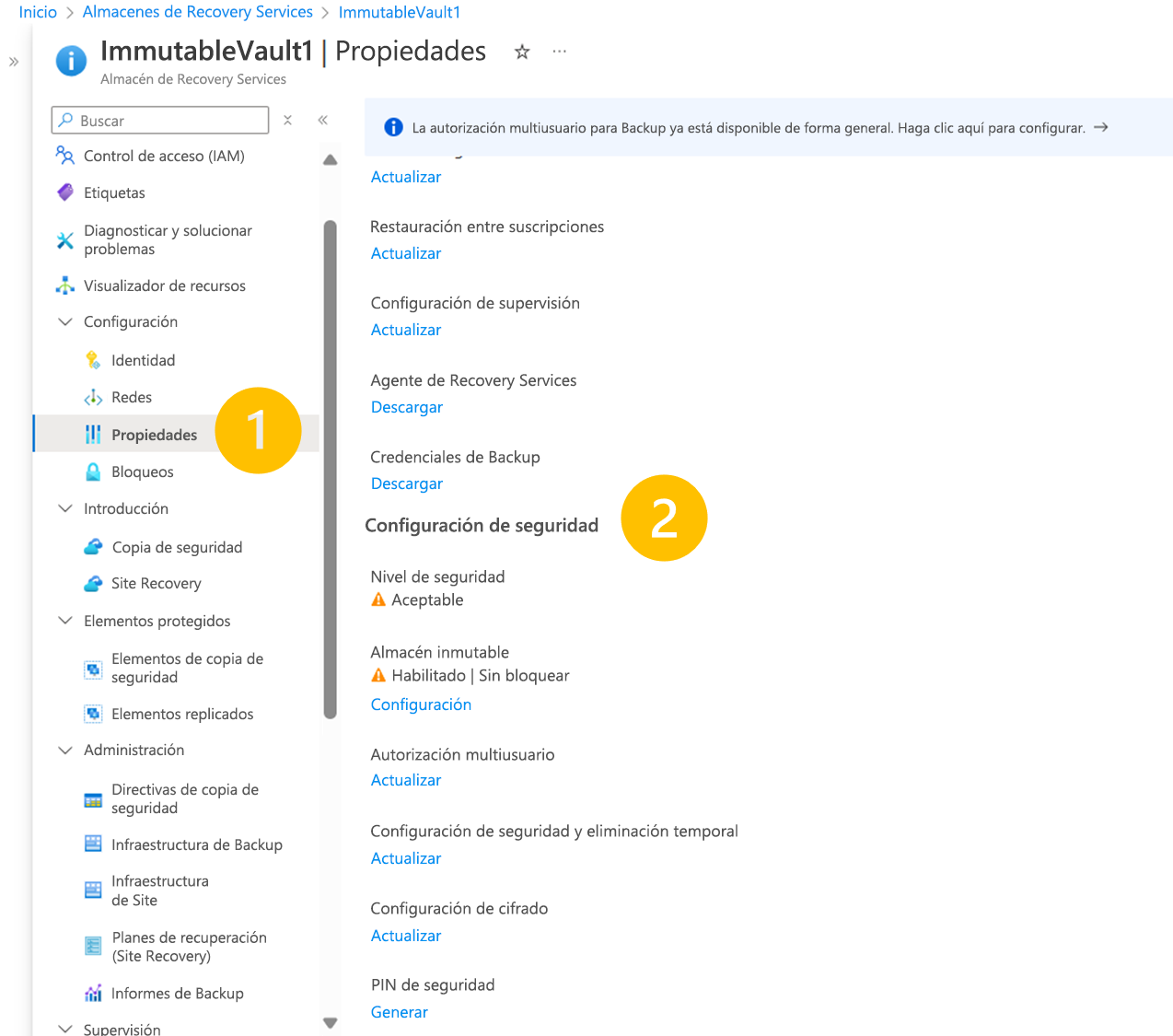 Captura de pantalla en la que se muestra cómo abrir la configuración del almacén inmutable para deshabilitarla.