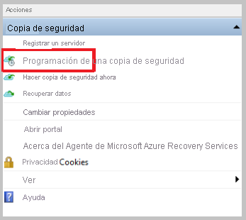 Captura de pantalla que muestra cómo seleccionar copia de seguridad programada.