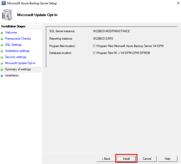 Captura de pantalla que muestra el resumen de la configuración.