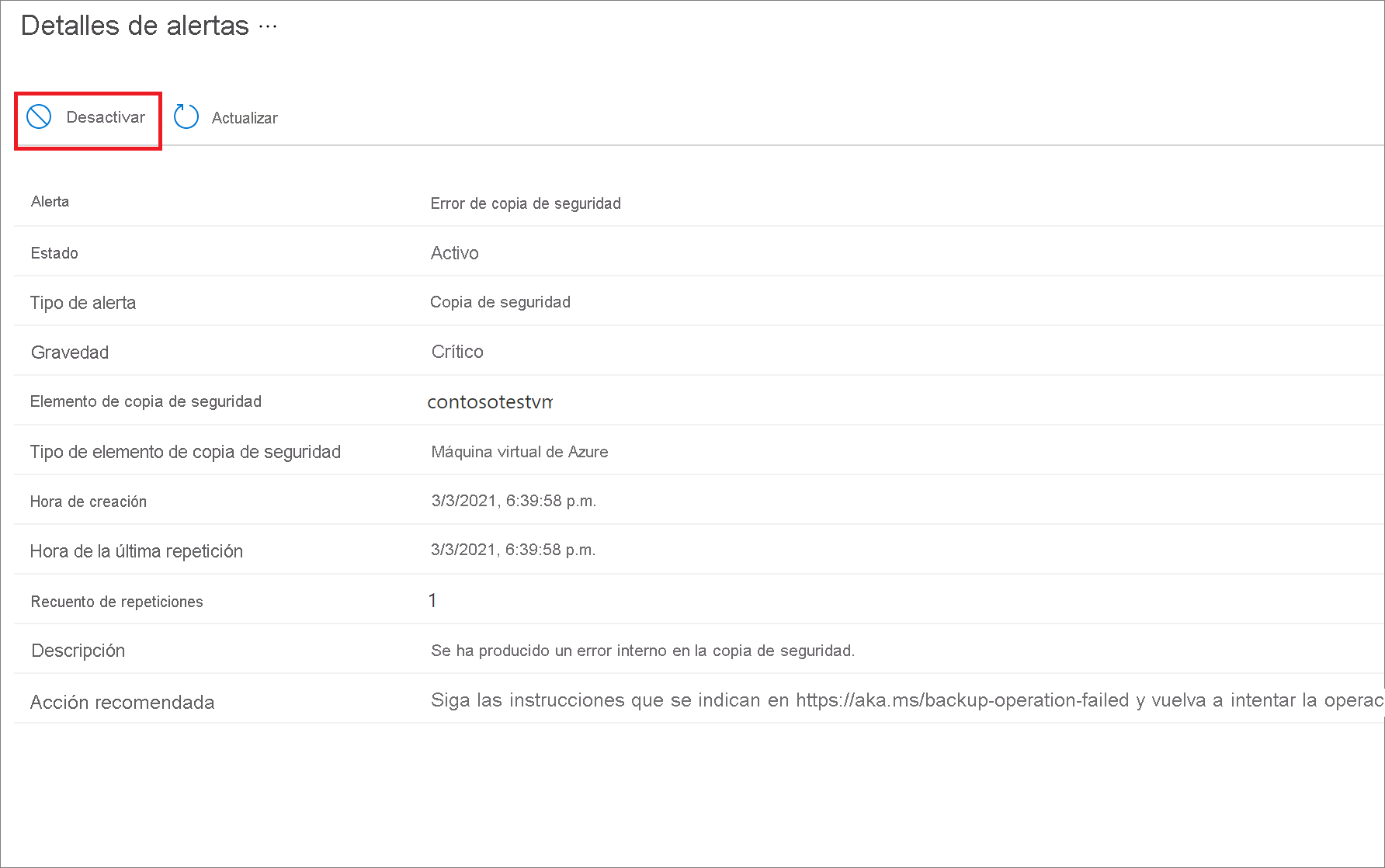 Captura de pantalla que muestra cómo desactivar alertas mediante el Centro de copias de seguridad.