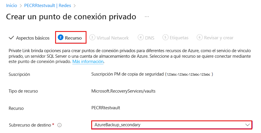 Captura de pantalla que muestra cómo seleccionar el subrecurso como secundario de Azure Backup.