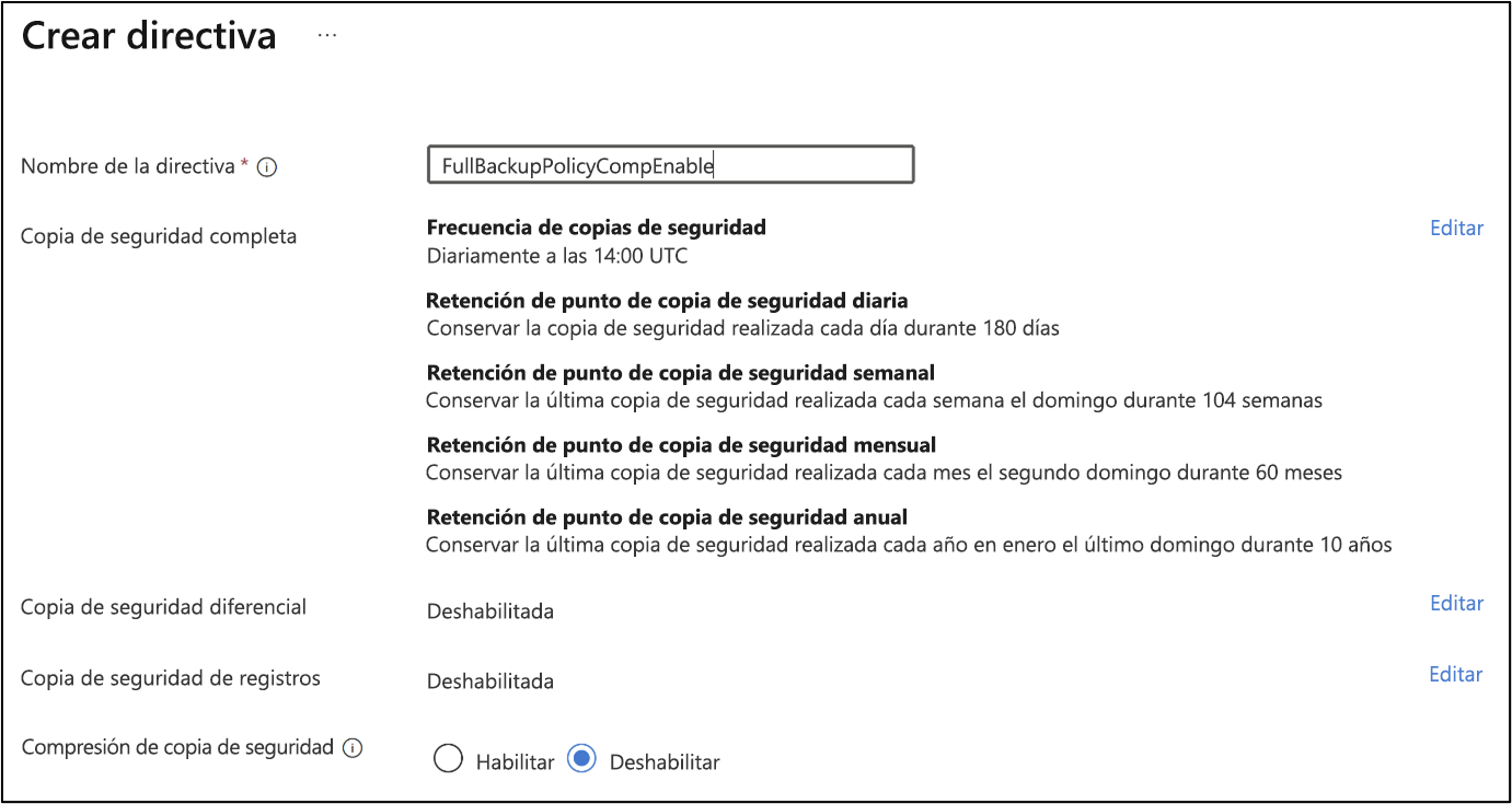 Recorte de pantalla que muestra cómo crear una directiva de copia de seguridad.