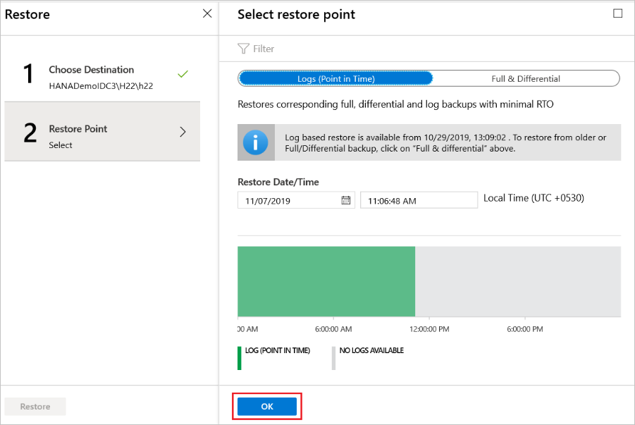 Captura de pantalla que muestra un gráfico de registro desde el que seleccionar un punto de restauración.