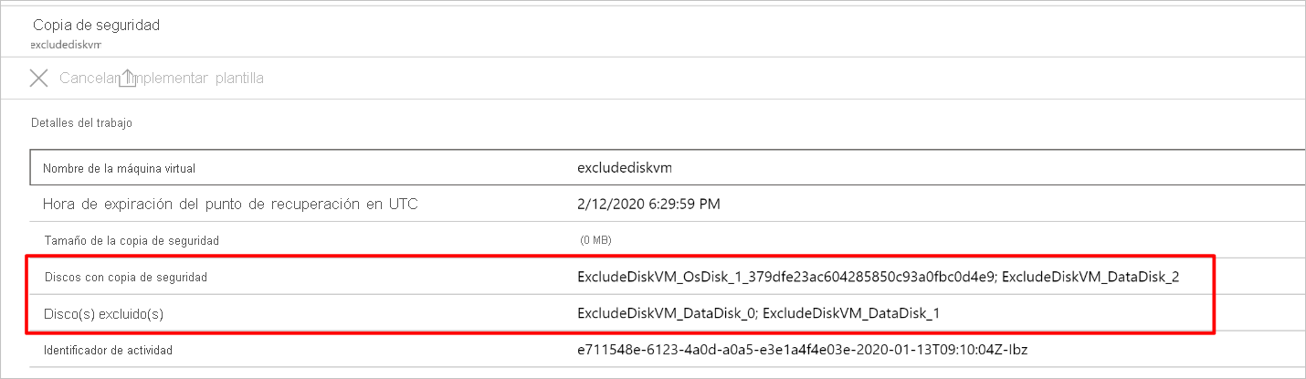 Visualización de discos incluidos y excluidos desde el panel de detalles del trabajo