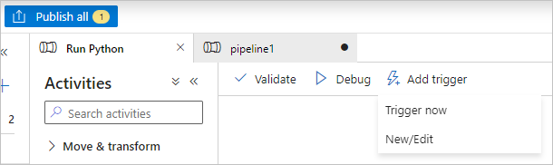 Captura de pantalla de Validar, Depurar, Publicar todo y Agregar selecciones de desencadenador en Data Factory.