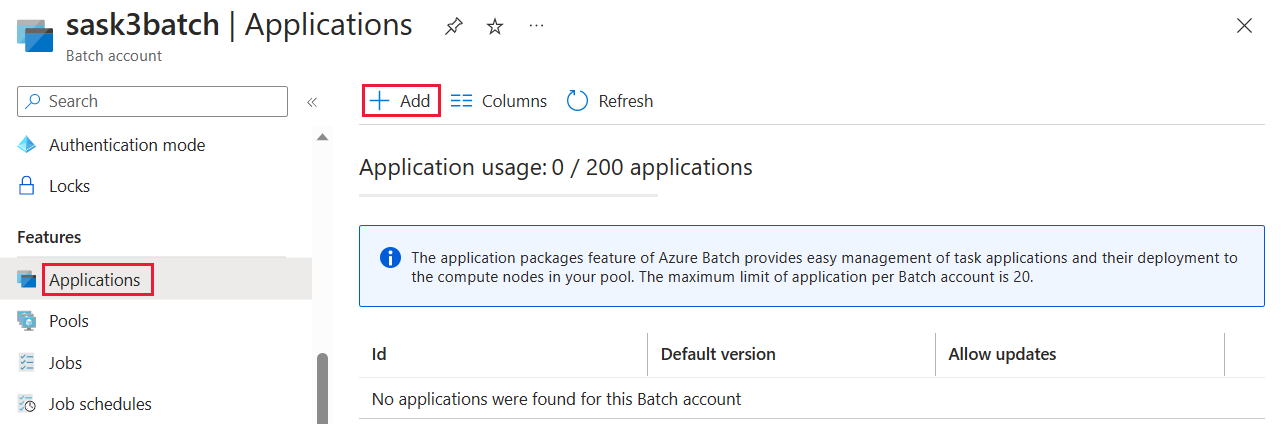 Captura de pantalla de la sección Aplicaciones de la cuenta de Batch.