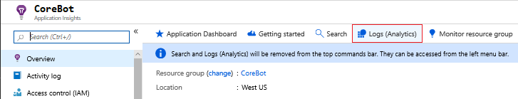 Captura de pantalla con el botón Registros (Analytics) en la página Application Insights de un bot.