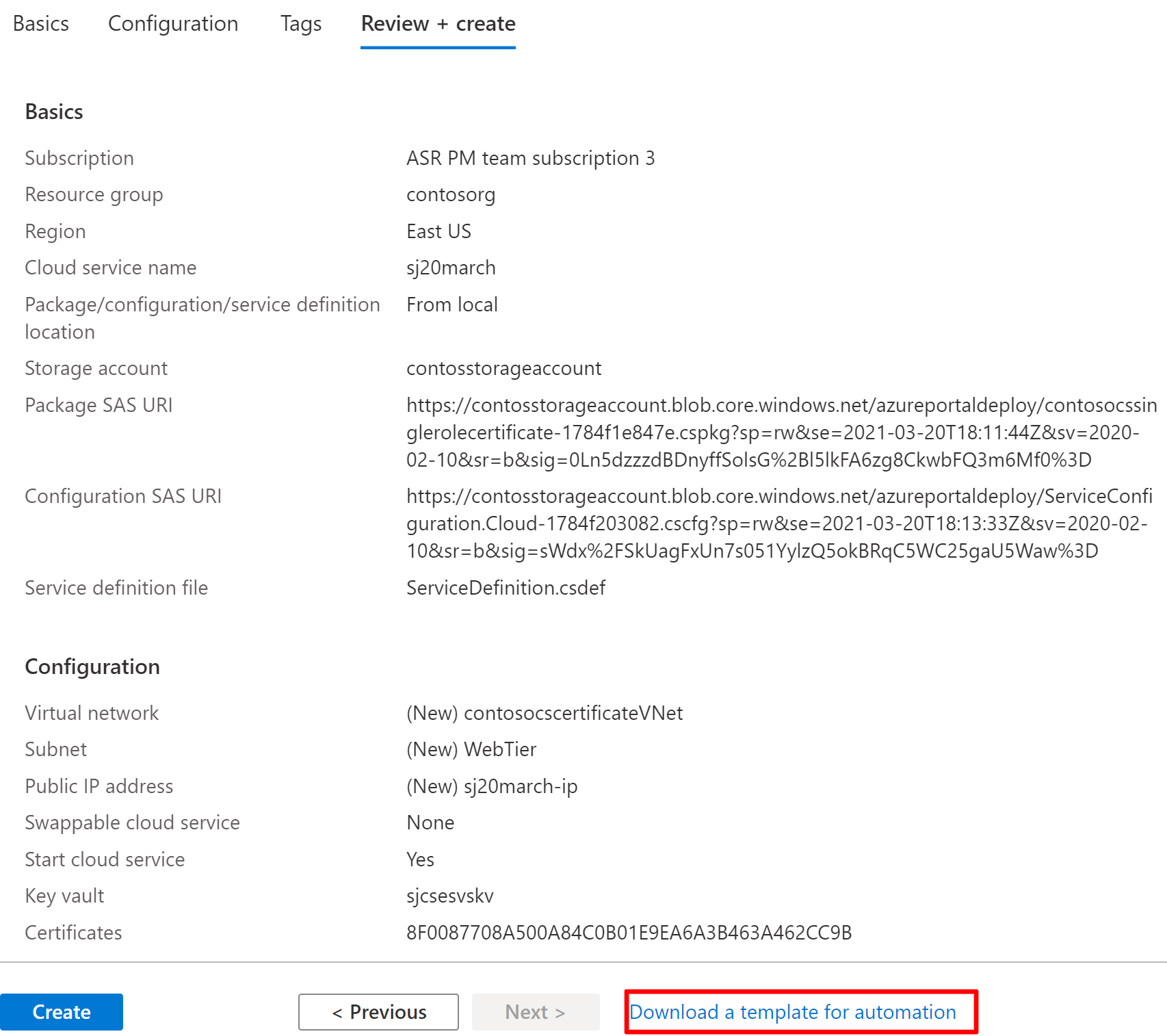 Imagen que muestra la descarga de la plantilla en el servicio en la nube (soporte extendido) en Azure Portal.