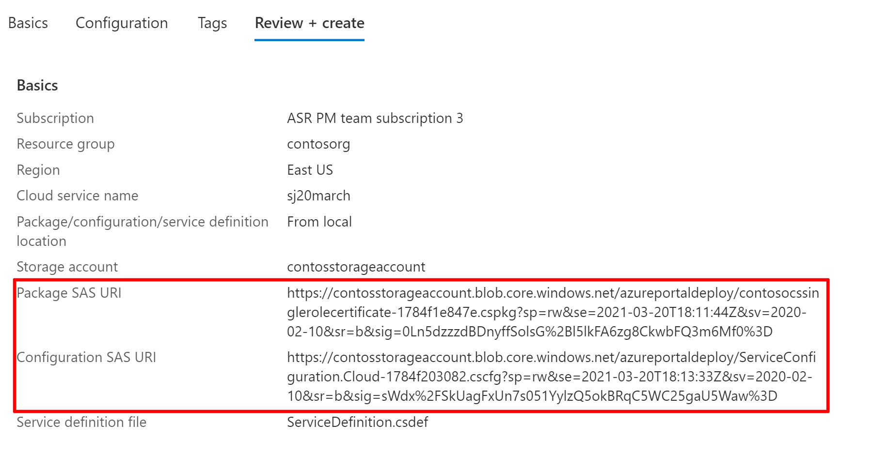 La imagen muestra los parámetros del URI de SAS del paquete y del URI de SAS de configuración en Azure Portal.