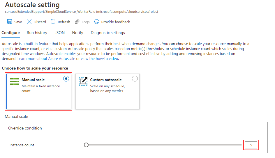 La imagen muestra cómo configurar el escalado manual en Azure Portal