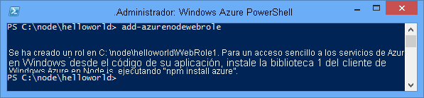 Salida del comando Add-AzureNodeWebRole