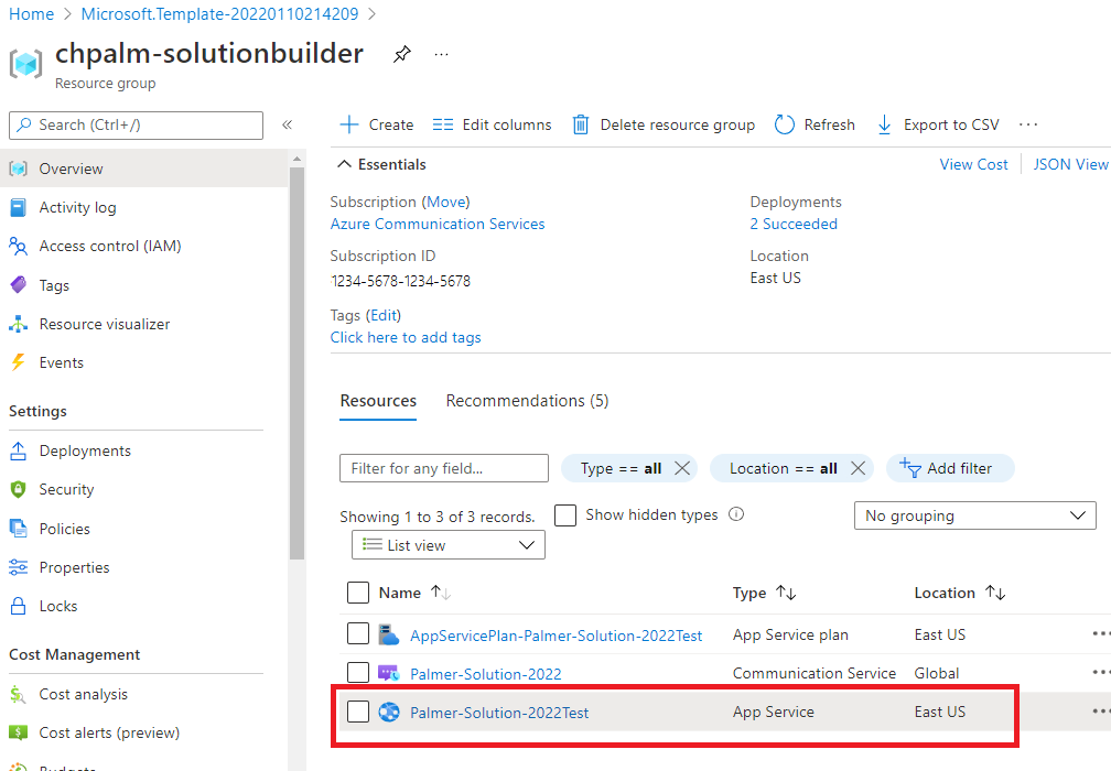 Captura de pantalla de los recursos de Azure producidos en Azure Portal.