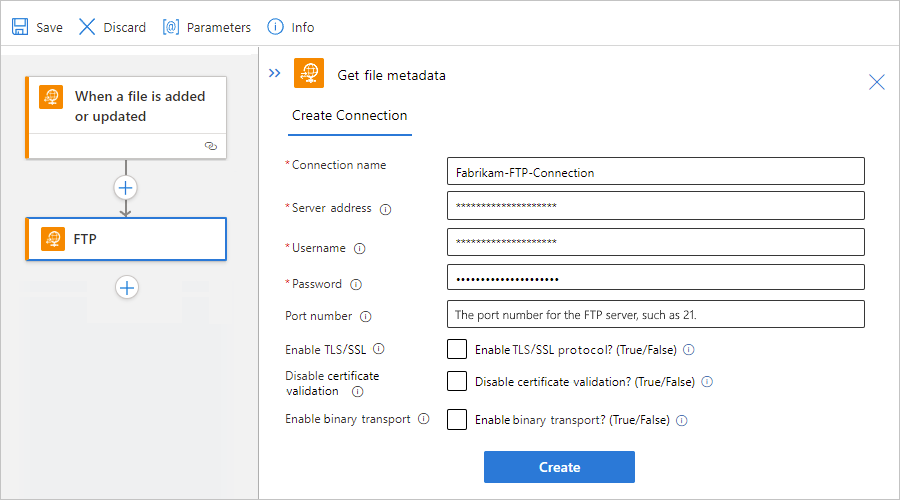 Captura de pantalla que muestra el diseñador de un flujo de trabajo estándar, la acción integrada FTP y el perfil de conexión.