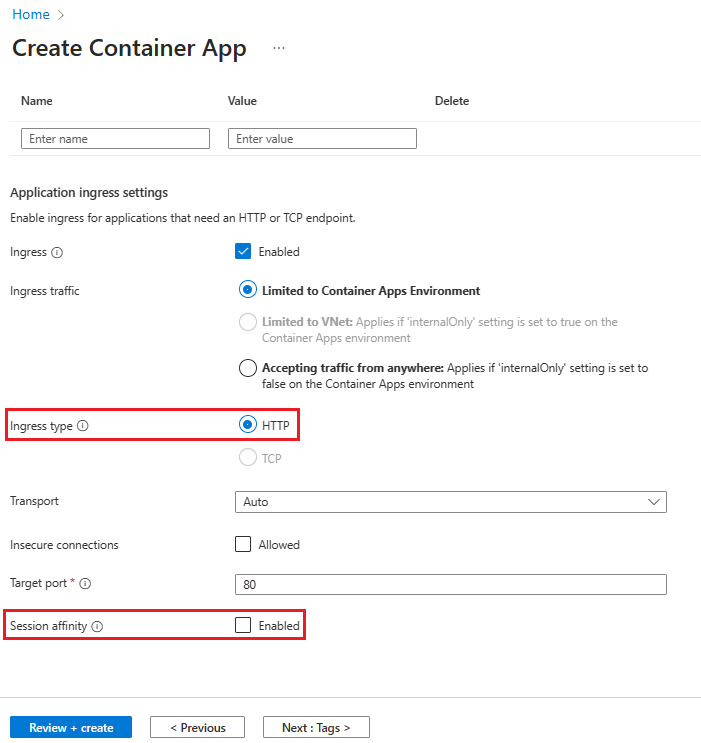 Recorte de pantalla de la configuración de la afinidad de sesión en la página Crear aplicación contenedora.