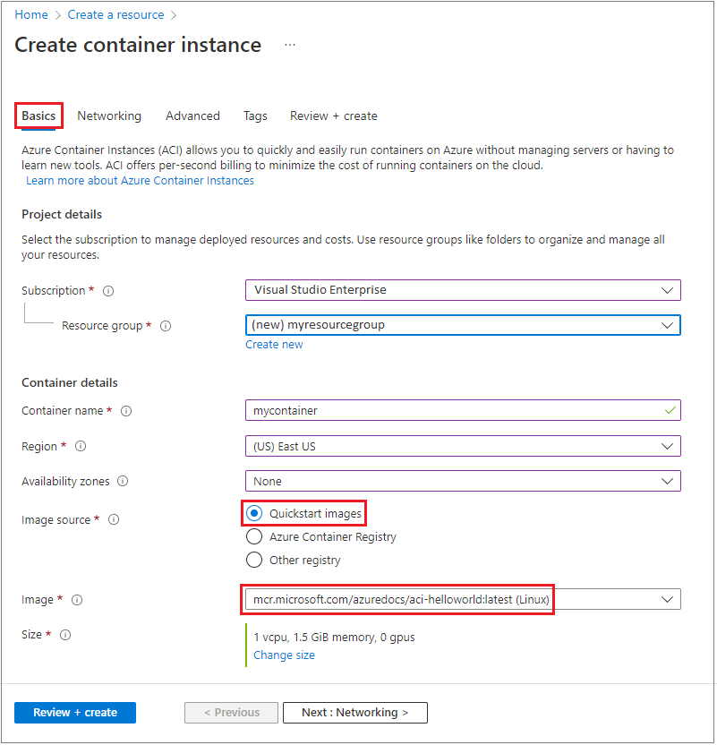 Configuración básica de una instancia de contenedor nueva en Azure Portal