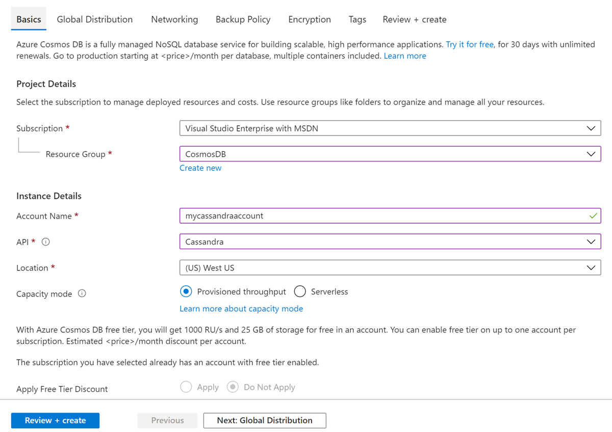 Página de la nueva cuenta de Azure Cosmos DB for Apache Cassandra