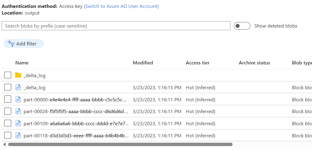 Captura de pantalla de los archivos de salida de la canalización en el contenedor de Azure Blob Storage.