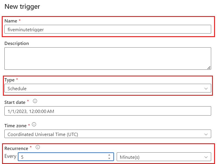 Captura de pantalla de una configuración de desencadenador basada en una programación, a partir del año 2023, que se ejecuta cada cinco minutos.