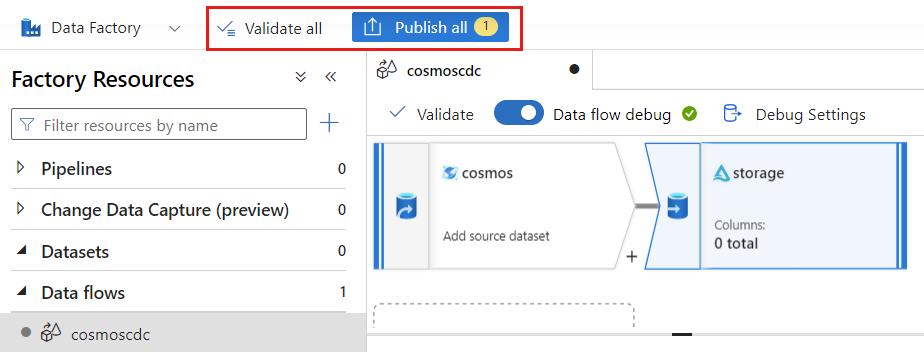 Captura de pantalla de la opción para validar y luego publicar el flujo de datos actual.