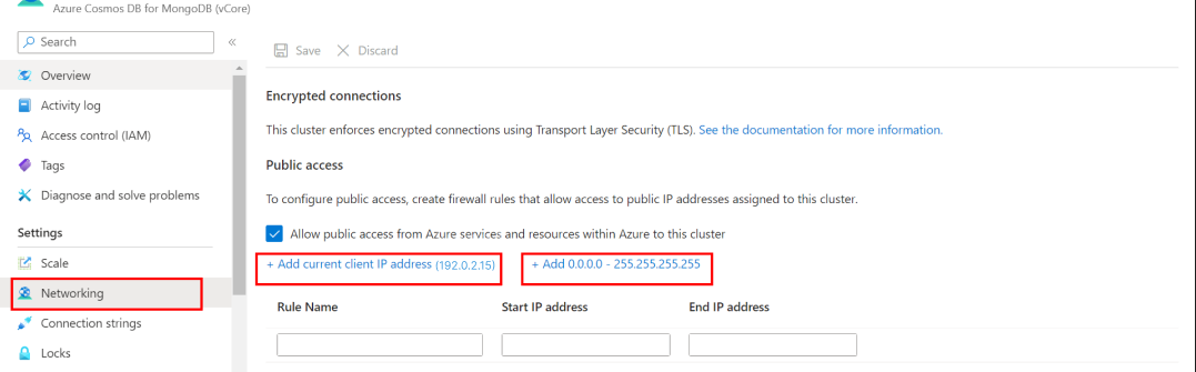 Captura de pantalla de la solución de error de tiempo de espera del núcleo virtual de Azure Cosmos DB for MongoDB.