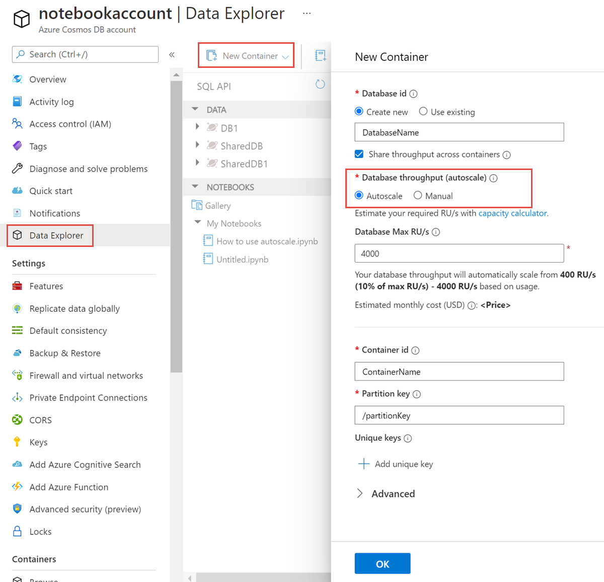 Creación de un contenedor y configuración del rendimiento aprovisionado de escalabilidad automática