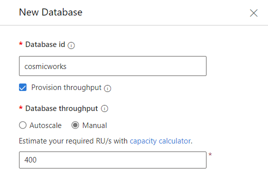 Captura de pantalla del cuadro de diálogo Nueva base de datos en Data Explorer, con varios valores en cada campo.