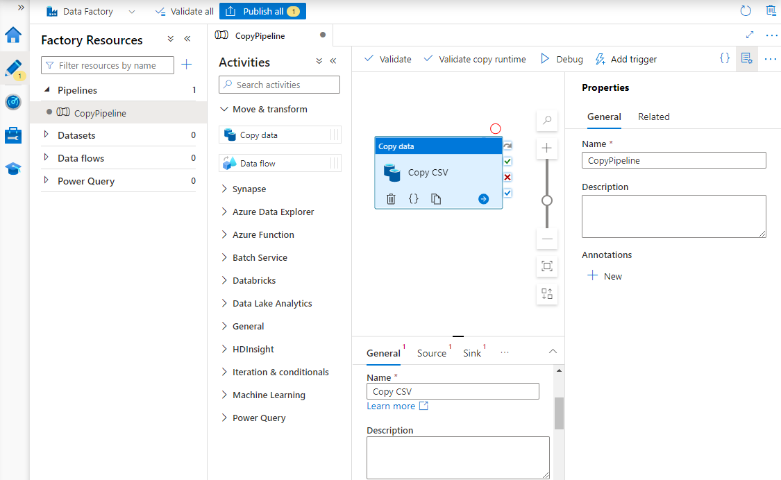 Captura de pantalla que muestra una canalización en Azure Data Factory.