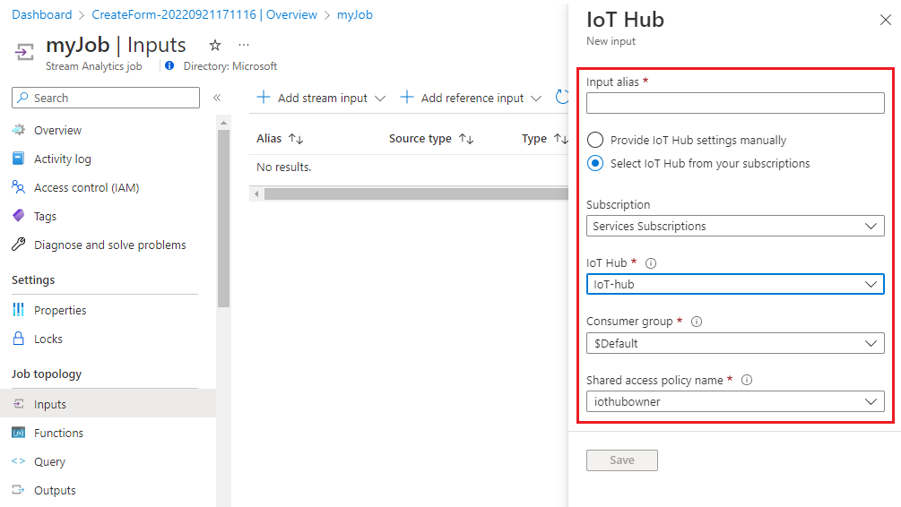 Captura de pantalla que muestra la configuración de la entrada de trabajo en Stream Analytics.