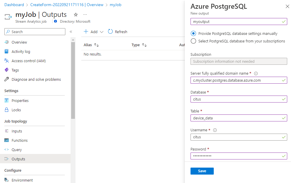 Configuración de la salida del trabajo en Azure Stream Analytics.