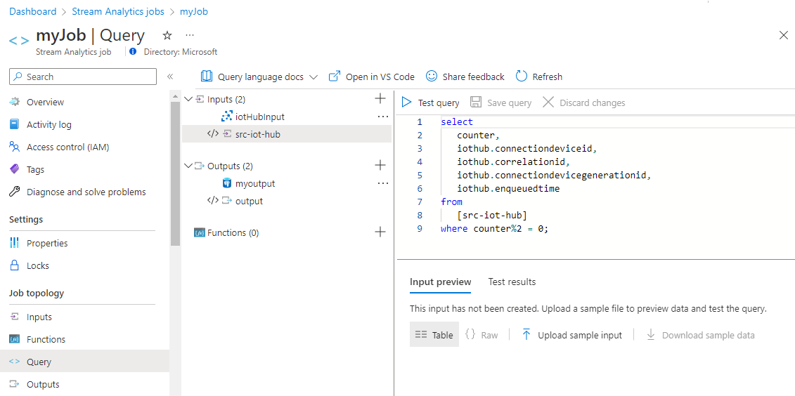 Consulta de transformación en Azure Stream Analytics.