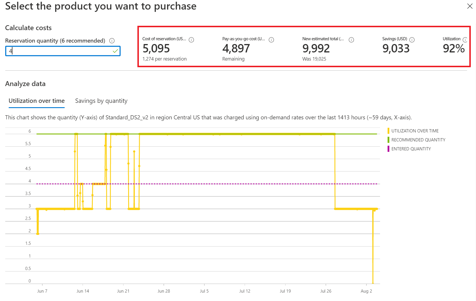 Captura de pantalla que muestra los detalles de una recomendación de compra de reservas modificada.