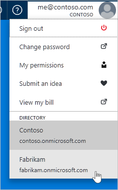 Captura de pantalla que muestra la selección del directorio en la parte superior derecha de Azure Portal.