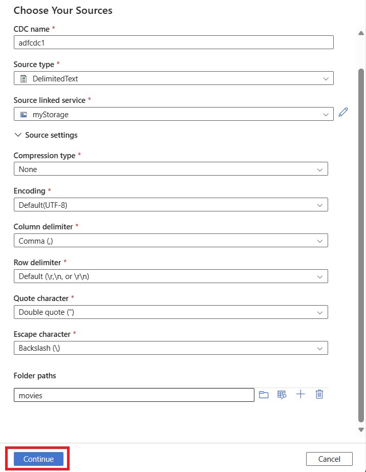 Captura de pantalla del botón Continuar del proceso guiado para seleccionar destinos de datos.