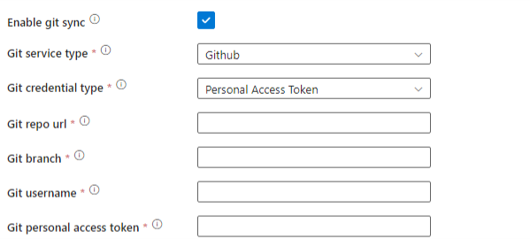 Captura de pantalla que muestra las opciones de credenciales PAT de Git en el cuadro de diálogo de configuración del entorno de Airflow que aparece durante la creación de un entorno de ejecución de integración del Administrador de orquestación de flujo de trabajo.