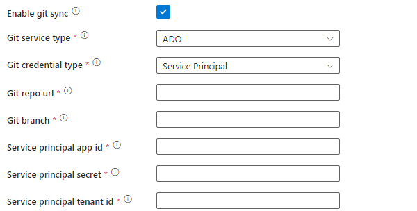 Captura de pantalla que muestra las opciones de credenciales SPN de Git en el cuadro de diálogo de configuración del entorno de Airflow que aparece durante la creación de un entorno de ejecución de integración del Administrador de orquestación de flujo de trabajo.