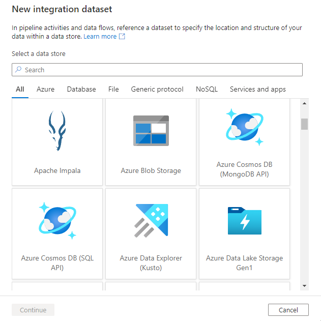 Muestra la nueva ventana del conjunto de datos de integración donde puede elegir el tipo de servicio vinculado en cualquiera de los conectores de Azure Synapse admitidos.