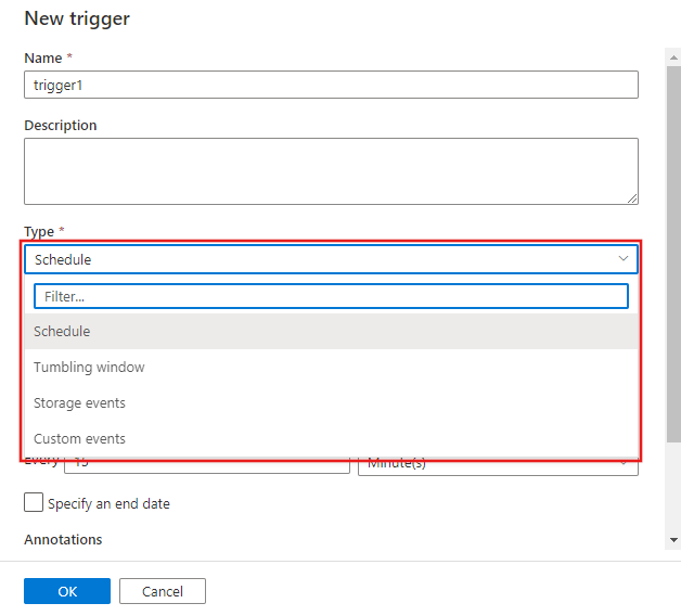 Muestra la ventana de configuración del nuevo desencadenador con el menú desplegable Tipo que muestra los distintos tipos de desencadenadores que se pueden crear.