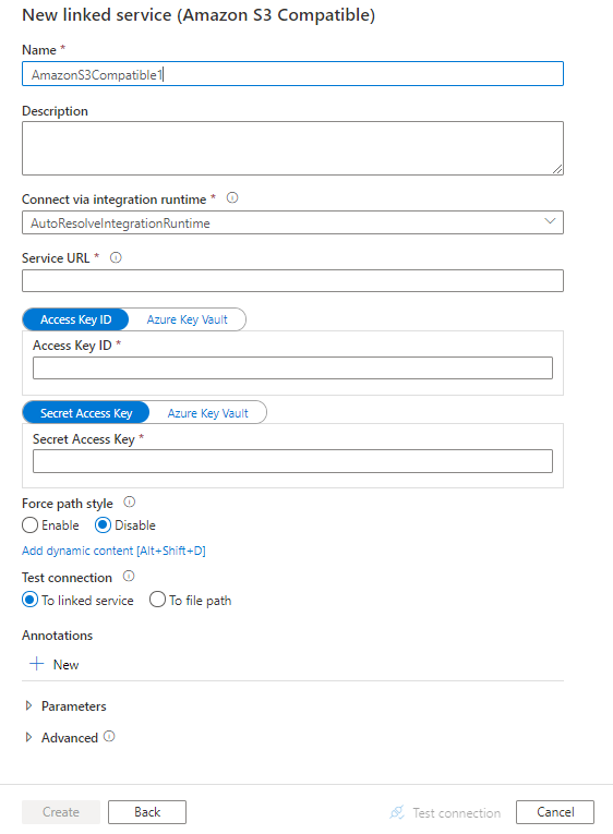 Configure un servicio vinculado a Amazon S3 Compatible Storage.