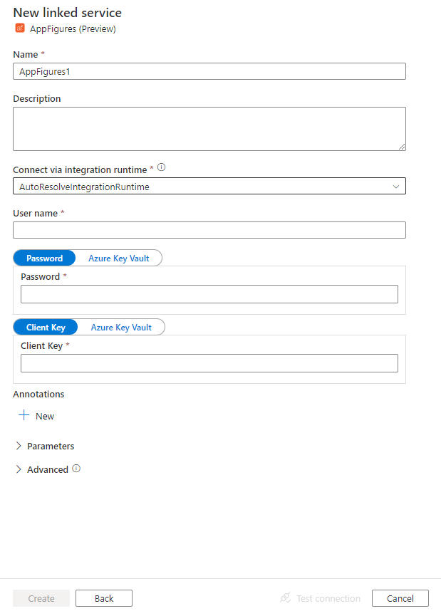 Captura de pantalla de la configuración del servicio vinculado de AppFigures.