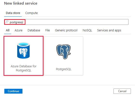 Selección del conector de Azure Database for PostgreSQL.